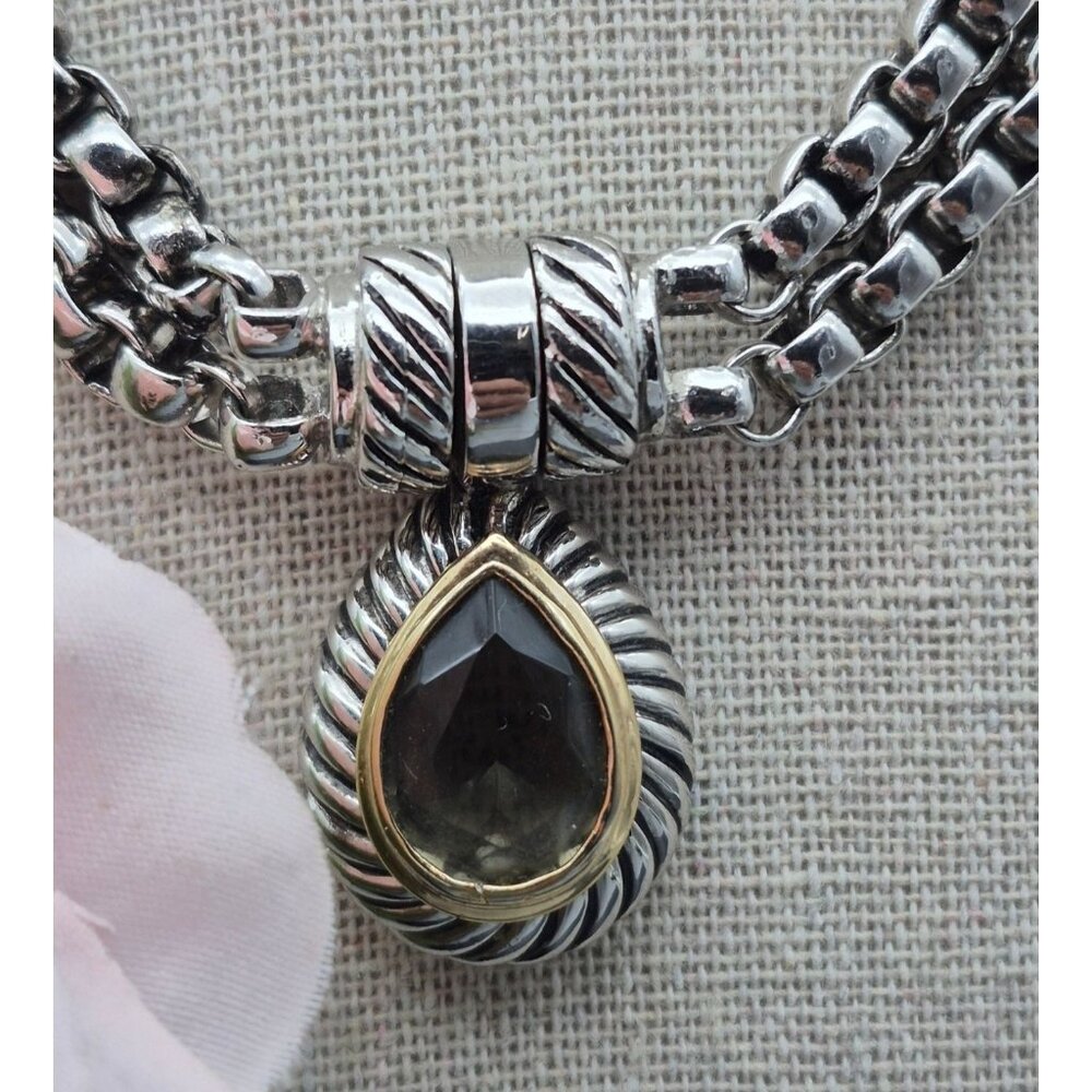 Choker Collar Pendant Necklace Silver Tone Double Box Chain Smokey Teardrop 16"